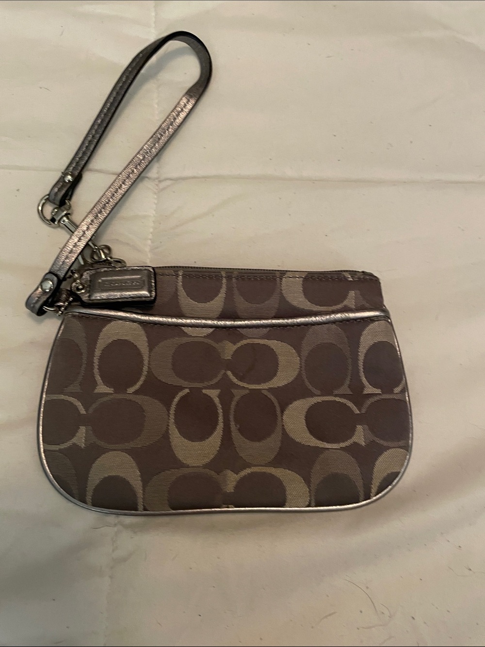 Coach Signature Wristlet in Brown with Metallic Trim